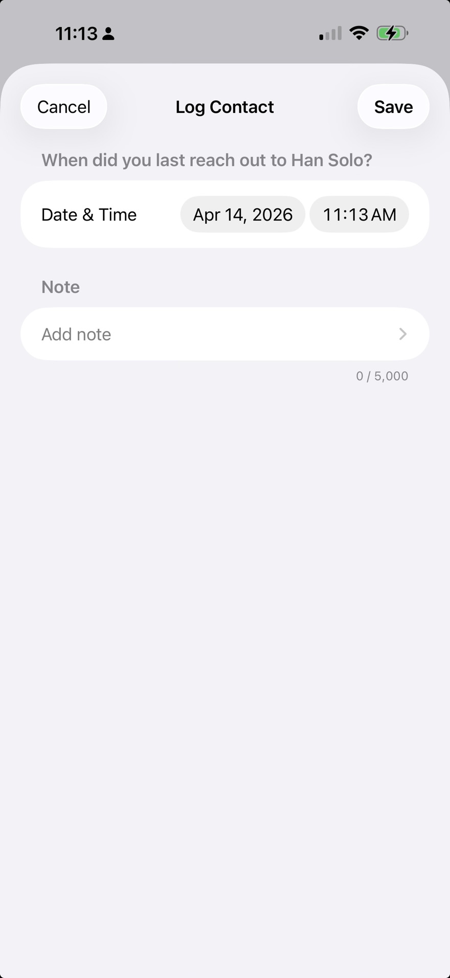 Log Contact sheet with a date and time picker and a note field